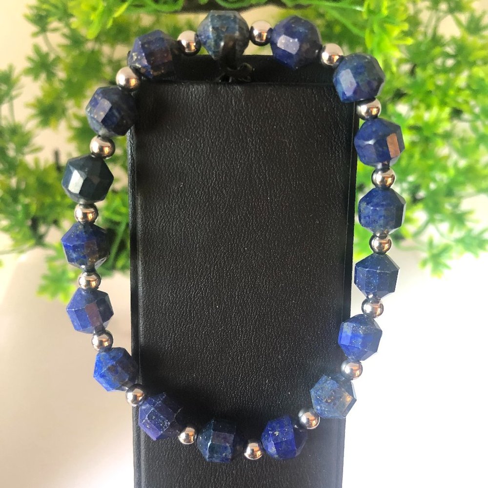 Natural Lapis Lazuli Bracelet Faceted Beads Barrel Shape Stretchable Bracelet